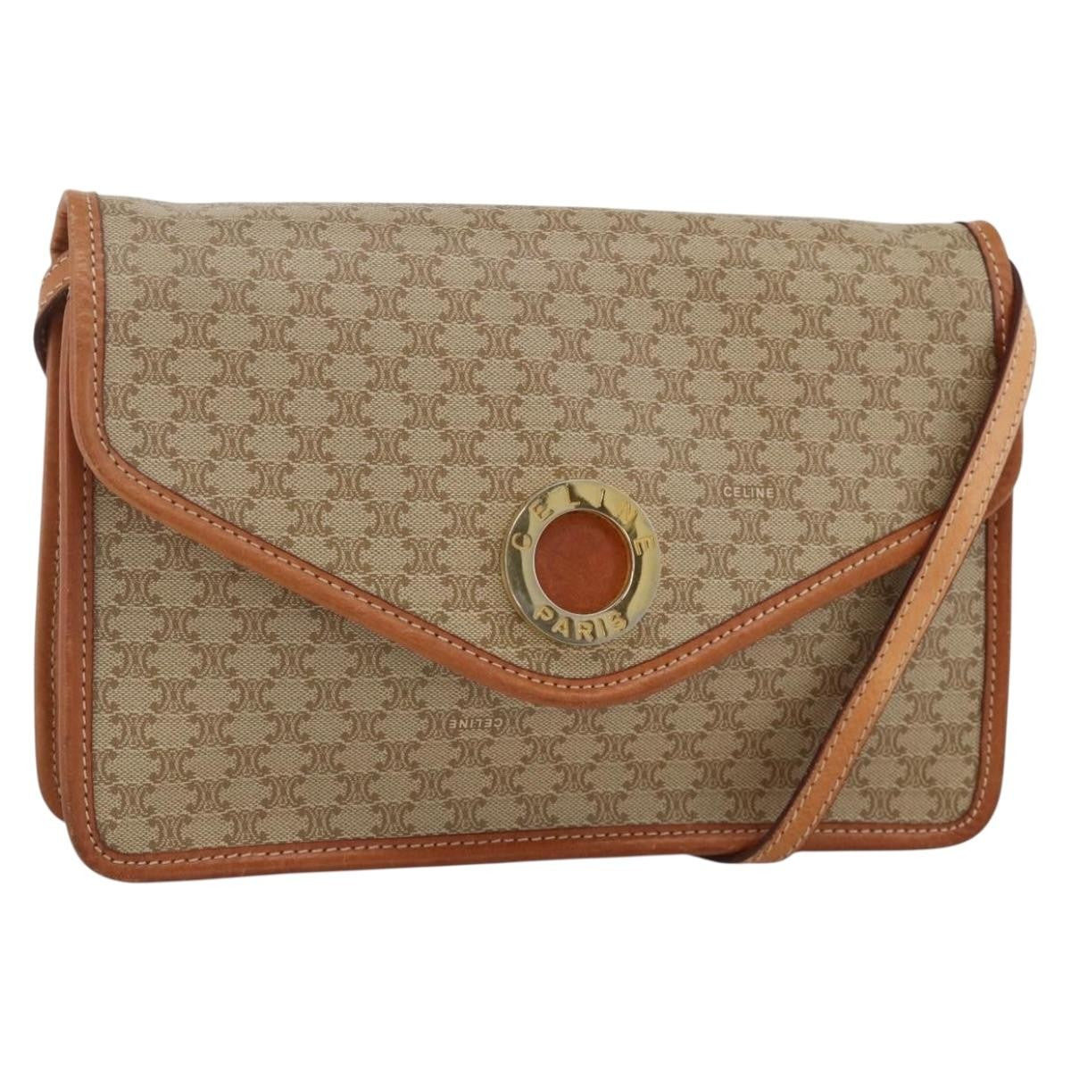 Celine Vintage Macadam Circle Logo Shoulder Bag Canvas and Leather, Beige, Canvas, Shoulder Bag