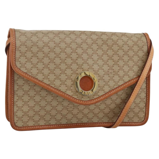 Celine Vintage Macadam Circle Logo Shoulder Bag Canvas and Leather, Beige, Canvas, Shoulder Bag