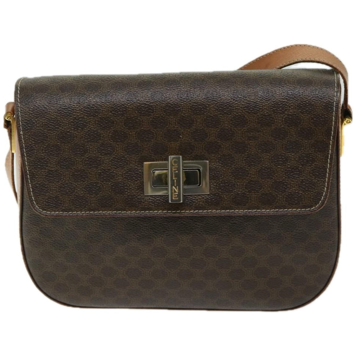 Celine Vintage Convertible Macadam Turnlock Shoulder Bag Canvas and Leather, BROWN, CANVAS, Shoulder bag
