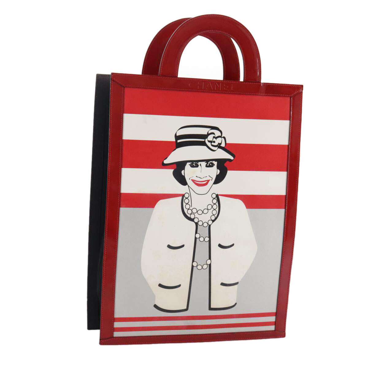 Chanel Vintage Portrait Tote Printed Leather and Quilted Patent, RED, LEATHER, Tote bag