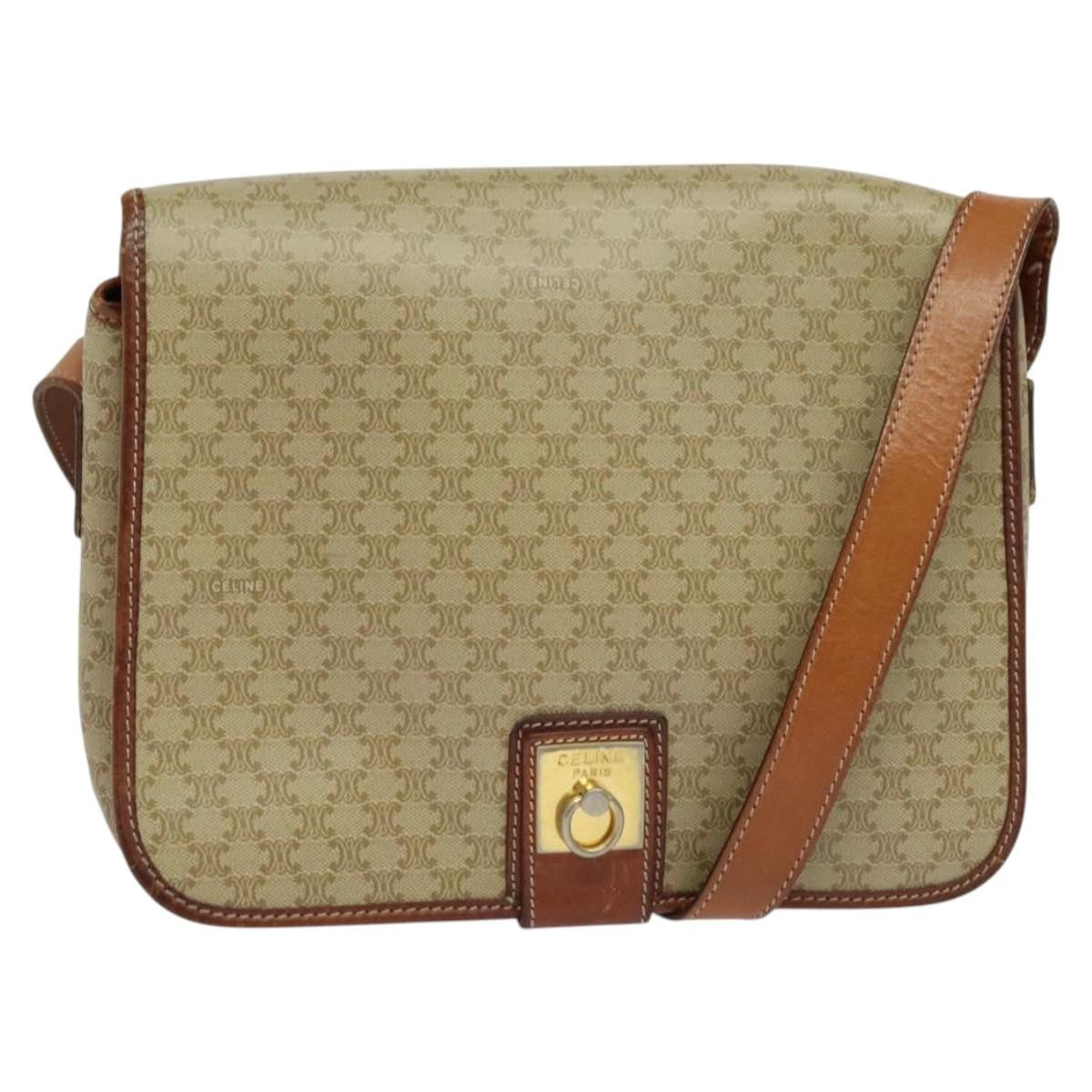 Celine Vintage Macadam Shoulder Bag Canvas and Leather, BEIGE, CANVAS, Shoulder bag