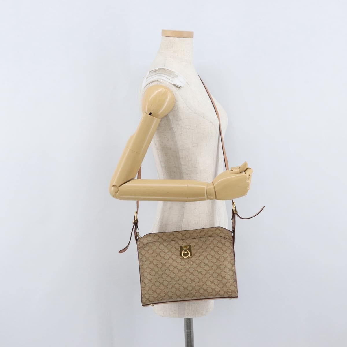Celine Vintage Macadam Shoulder Bag Canvas and Leather, BEIGE, CANVAS, Shoulder bag