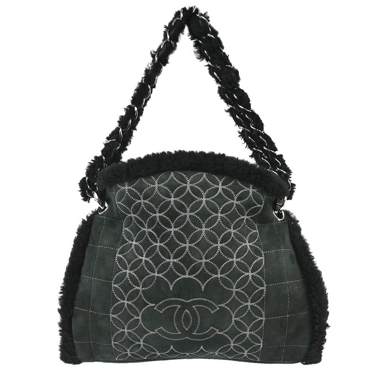 Chanel Vintage Embroidered CC Chain Tote Quilted Suede and Shearling, Black, Suede, Tote Bag