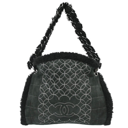 Chanel Vintage Embroidered CC Chain Tote Quilted Suede and Shearling, Black, Suede, Tote Bag