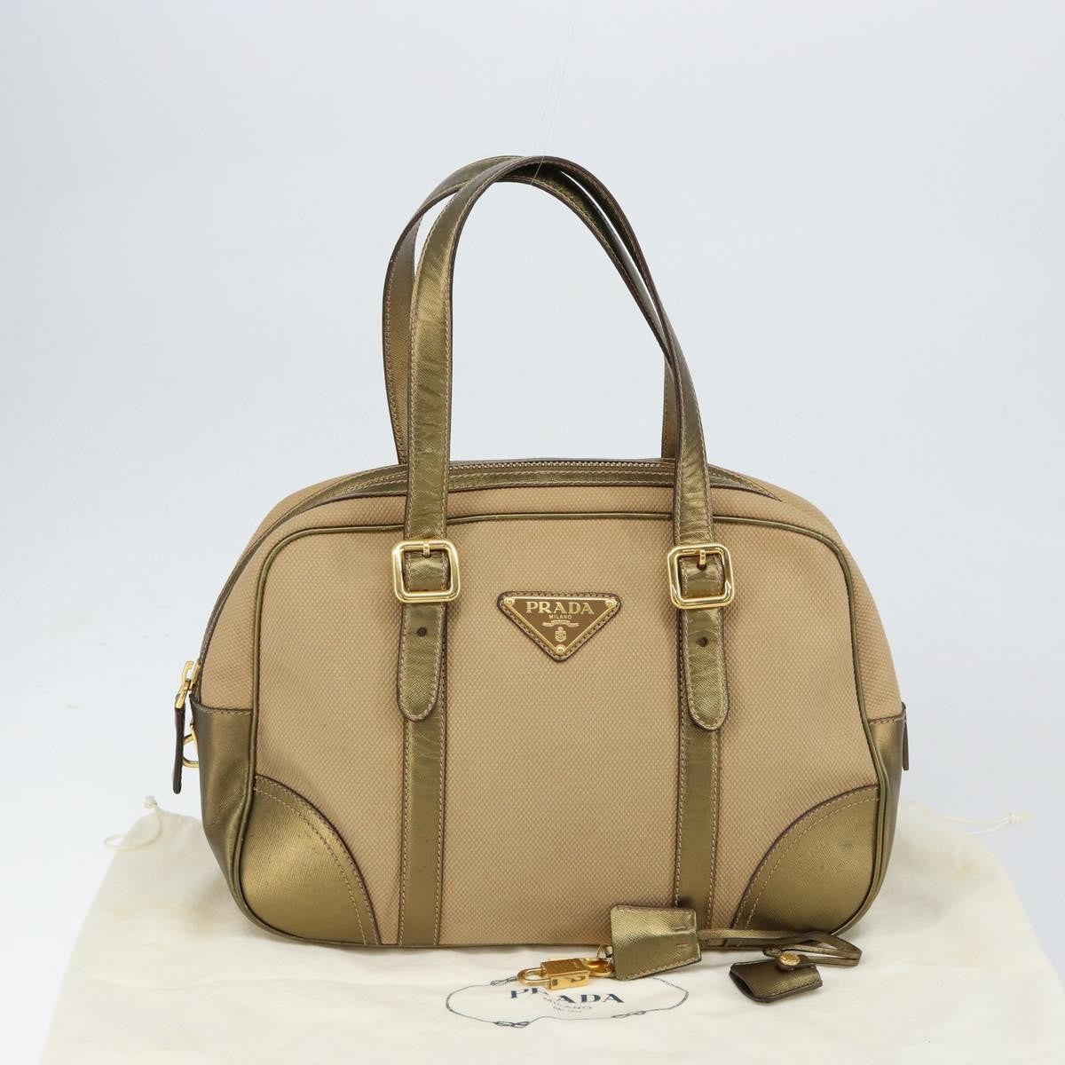 Prada Bowler Bag Canvas with Leather, BEIGE, CANVAS, Handbag