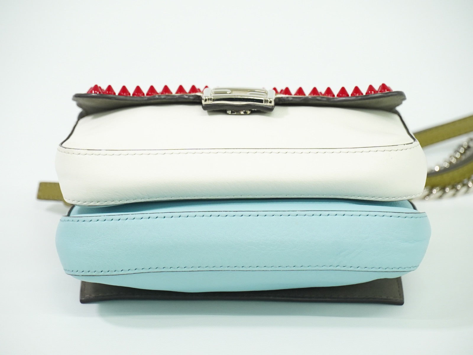 Fendi Double Baguette Embroidered Studded Leather, WHITE, LEATHER, Shoulder bag