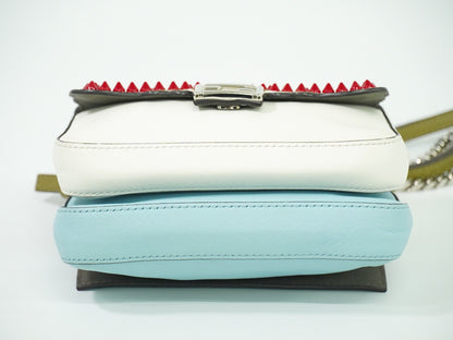 Fendi Double Baguette Embroidered Studded Leather, WHITE, LEATHER, Shoulder bag
