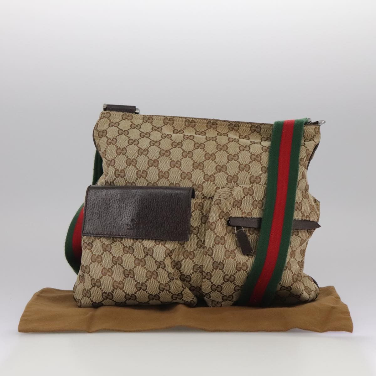 Gucci Double Pocket Web Messenger GG Canvas, Brown, Canvas, Shoulder Bag