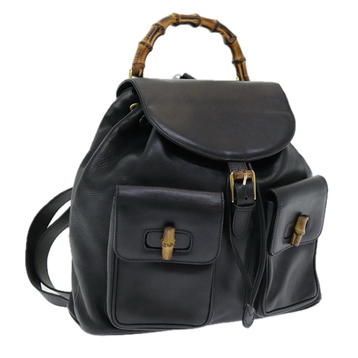 Gucci Vintage Bamboo Backpack Leather, Black, Leather, Backpack