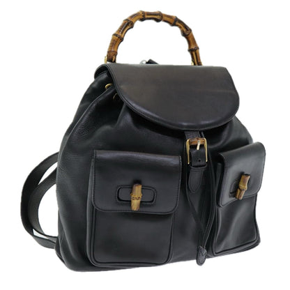 Gucci Vintage Bamboo Backpack Leather, Black, Leather, Backpack