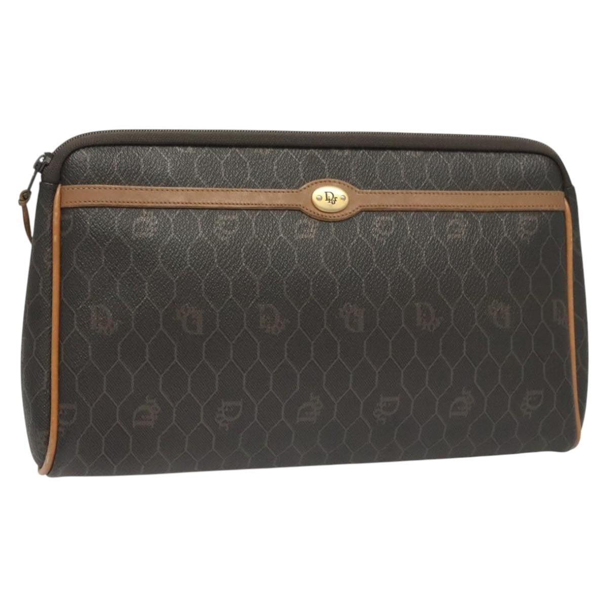 Christian Dior Vintage Honeycomb Zip Pouch Canvas and Leather, Black, Canvas, Clutch