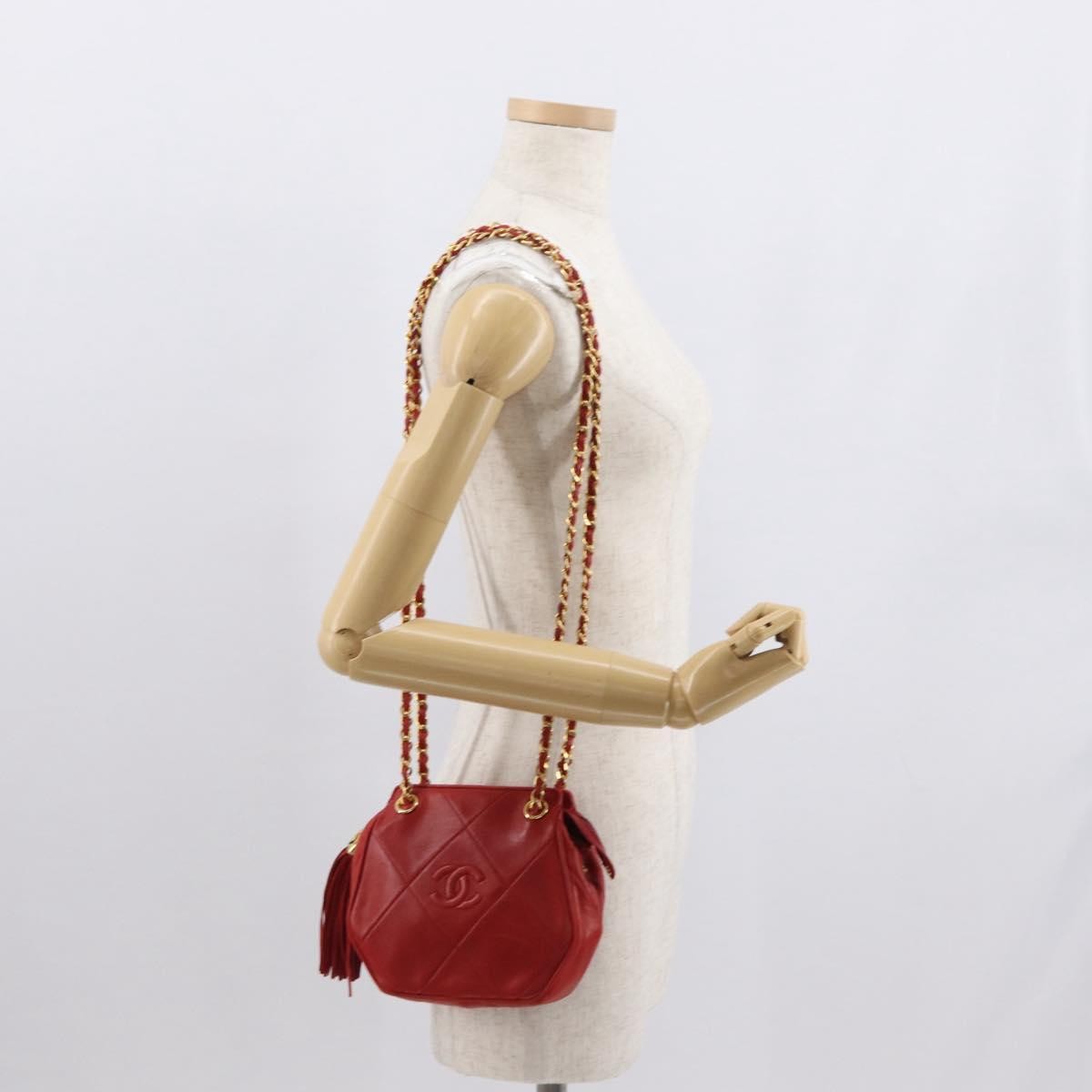 Chanel Vintage Diamond CC Tassel Shoulder Bag Quilted Leather, RED, LEATHER, Shoulder bag