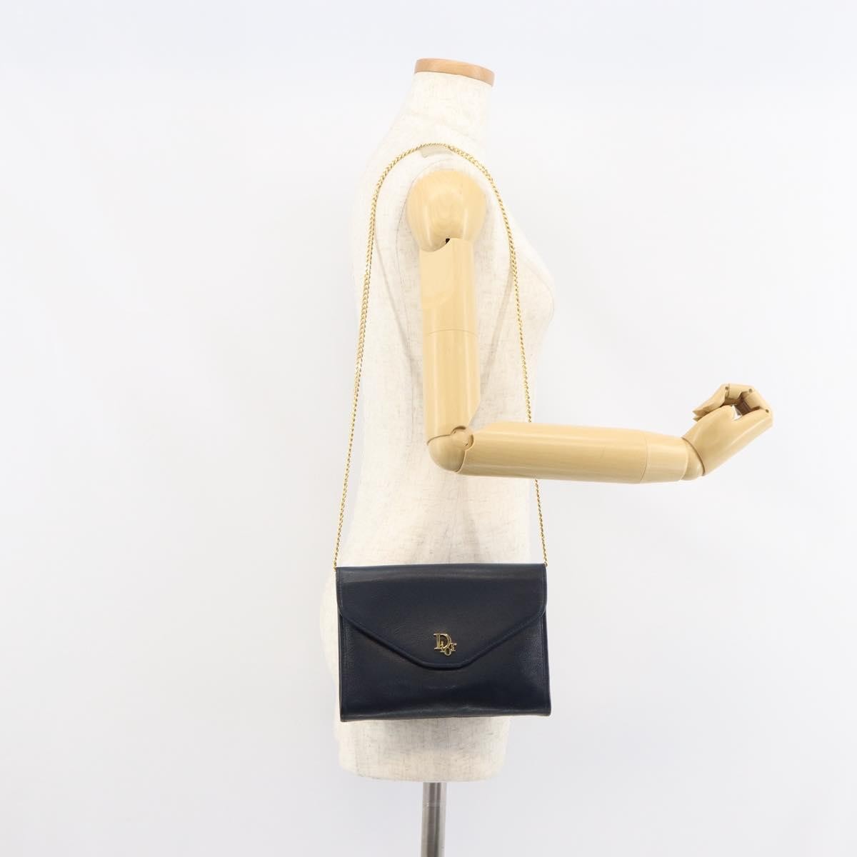 Christian Dior Vintage Chain Flap Shoulder Bag Leather, NAVY, LEATHER, Shoulder bag