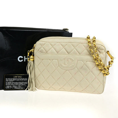 Chanel Vintage Camera Tassel Bag Chevron Lambskin, IVORY, LEATHER, Shoulder bag