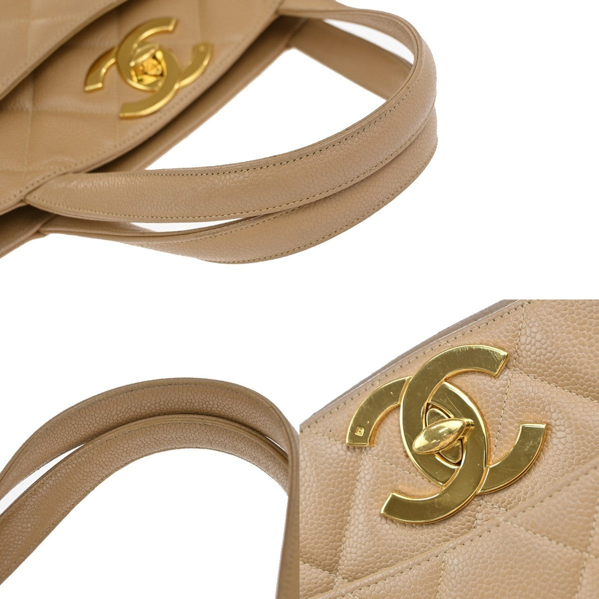 Chanel Vintage CC Lock Pocket Tote Quilted Caviar, BEIGE, LEATHER, Handbag