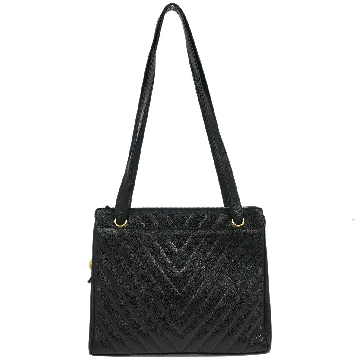 Chanel Vintage Zip Shoulder Bag Chevron Caviar, Black, Calfskin, Shoulder Bag