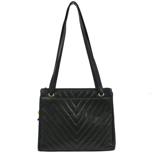 Chanel Vintage Zip Shoulder Bag Chevron Caviar, Black, Calfskin, Shoulder Bag