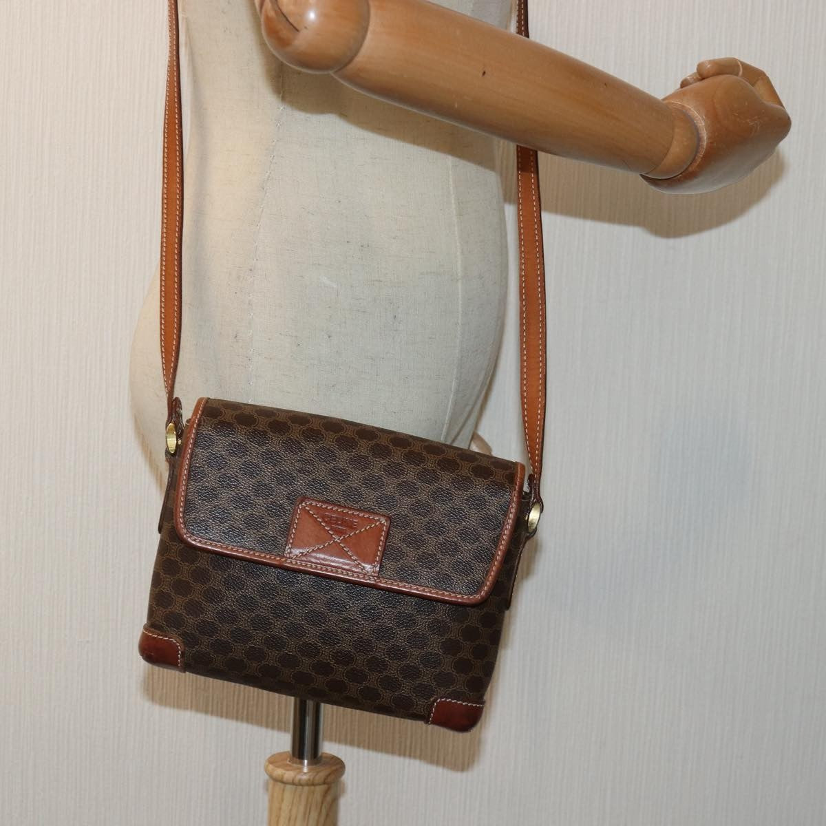 Celine Vintage Macadam Shoulder Bag Canvas and Leather, BROWN, CANVAS, Shoulder bag