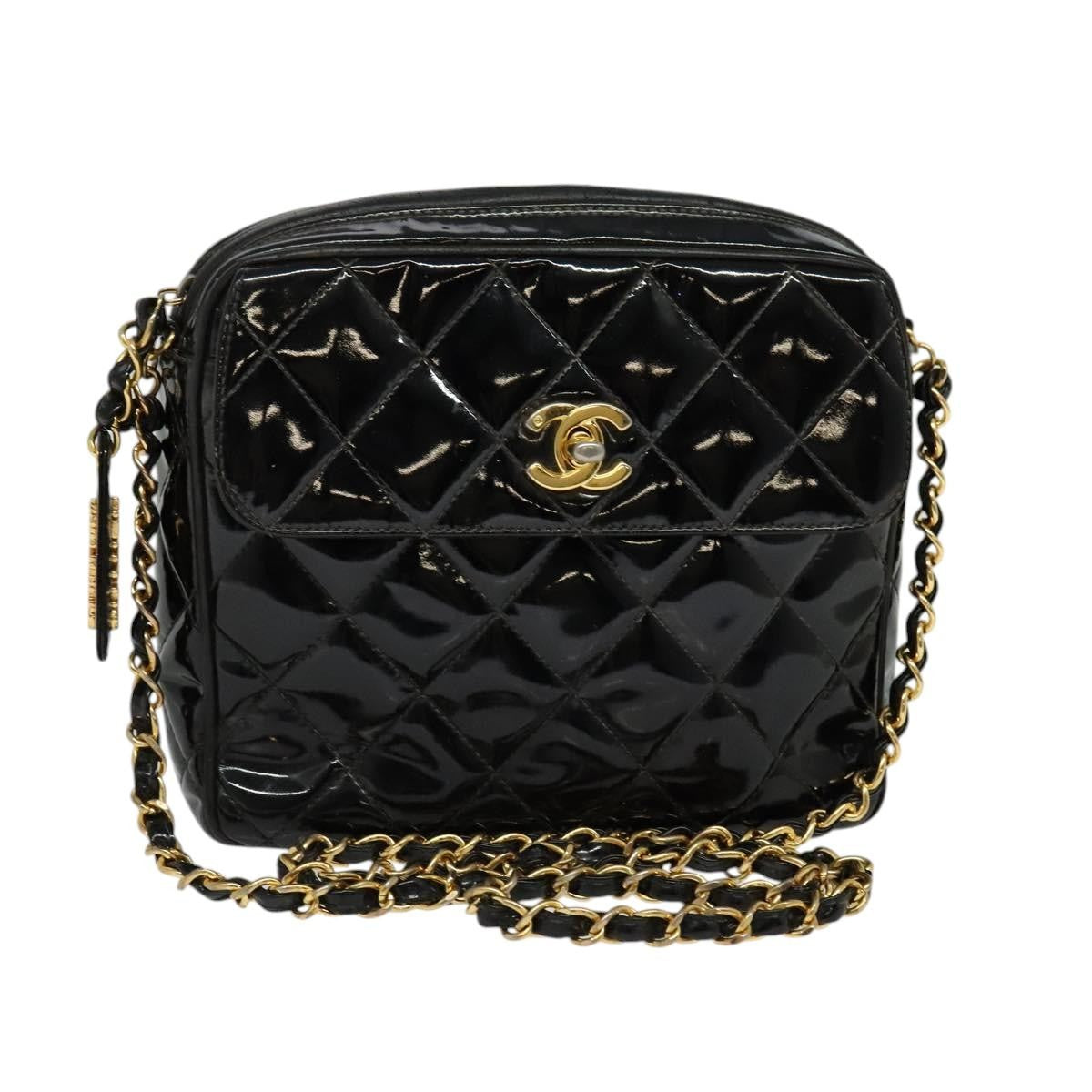 Chanel Vintage Square Front Pocket Camera Bag Quilted Patent, BLACK, PATENT_LEATHER, Shoulder bag