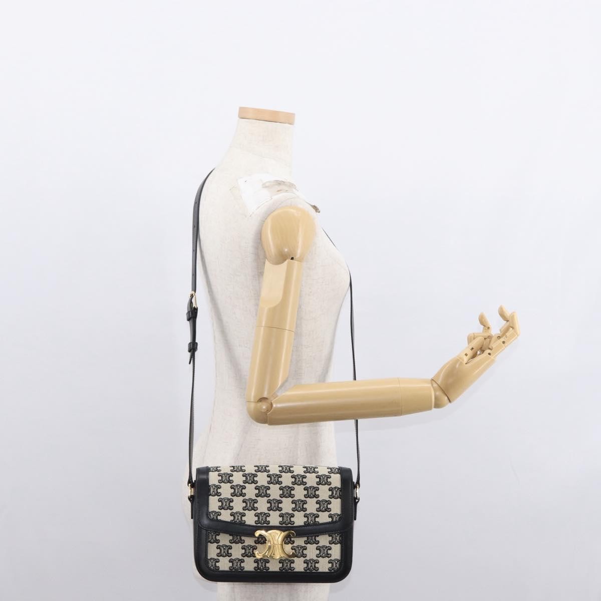 Celine Triomphe Shoulder Bag Canvas with Leather, BLACK, LEATHER, Shoulder bag