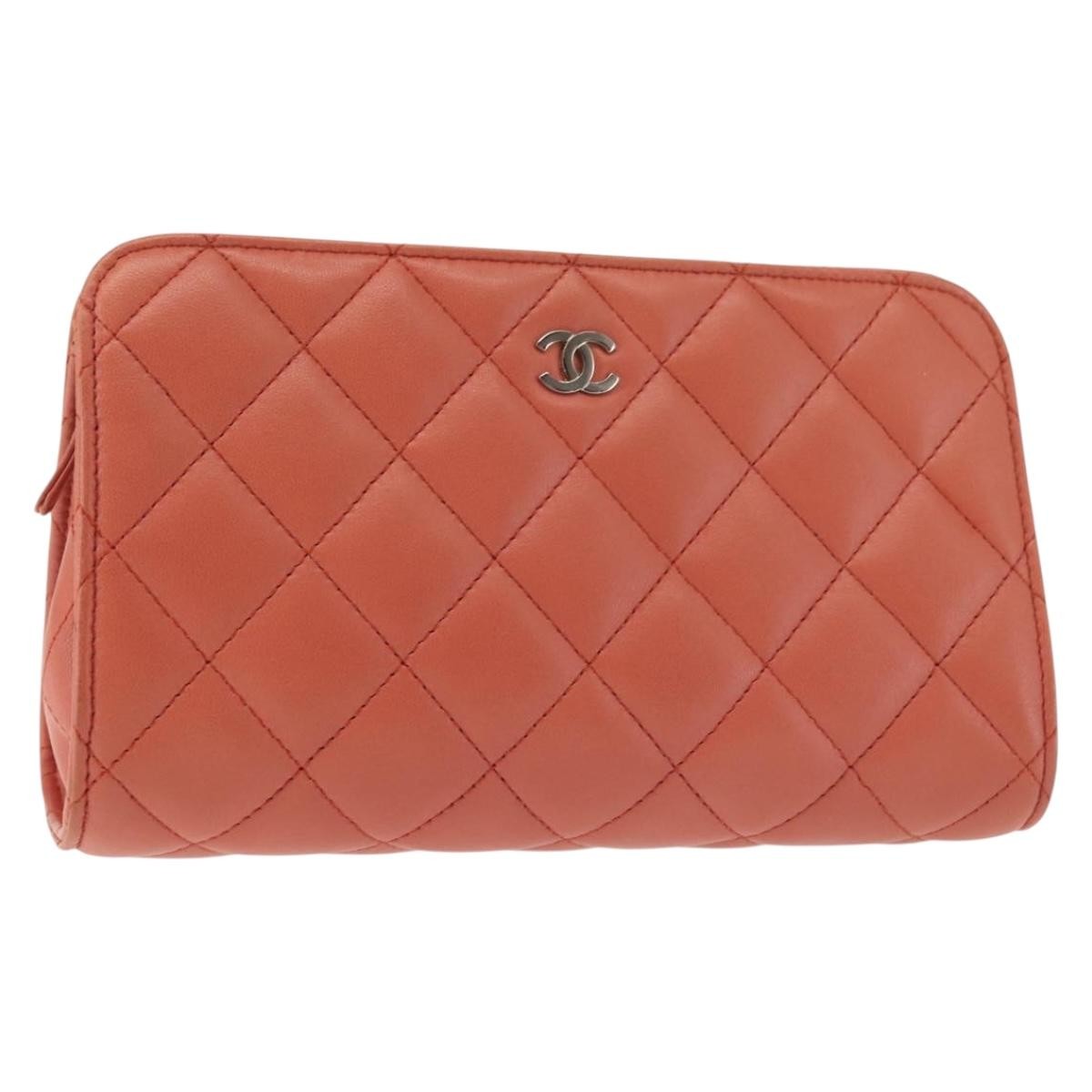 Chanel Classic Double Pocket Zip Pouch Quilted Lambskin, ORANGE, LEATHER, Clutche & pouche