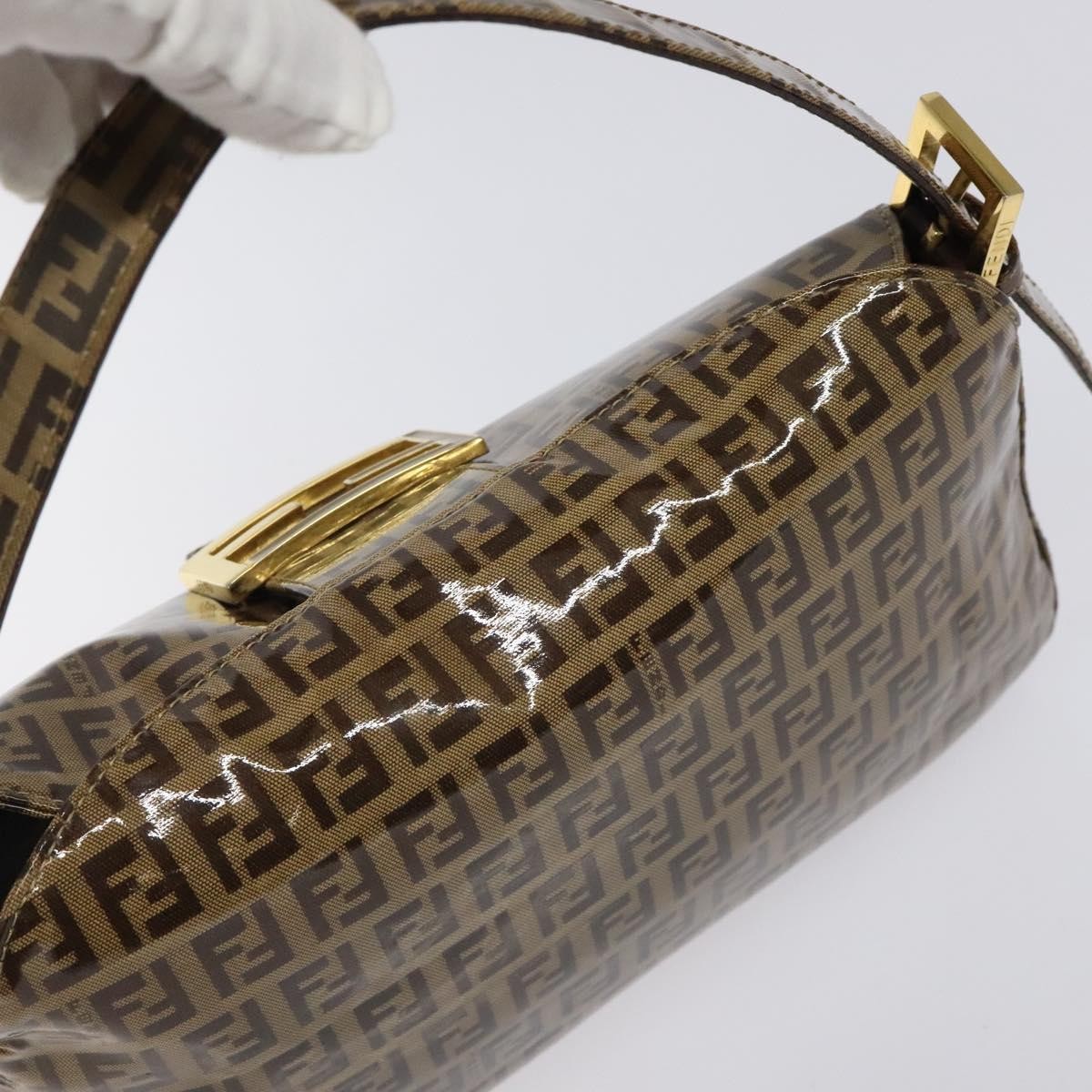 Fendi Vintage FF Buckle Curved Hobo Zucchino Coated Canvas, BROWN, PATENT_LEATHER, Handbag
