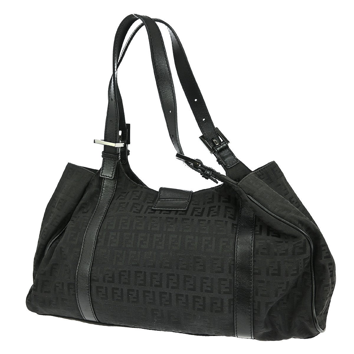 Fendi Belted Shoulder Bag Zucchino Canvas, BLACK, CANVAS, Handbag