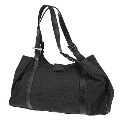 Fendi Belted Shoulder Bag Zucchino Canvas, BLACK, CANVAS, Handbag