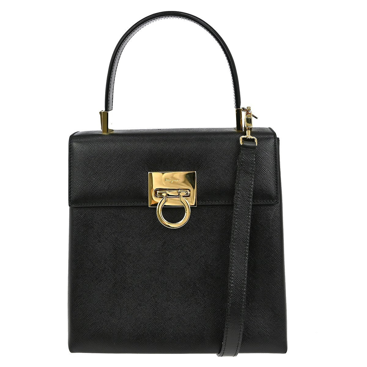 Salvatore Ferragamo Gancini handbag Leather, BLACK, LEATHER, Handbag
