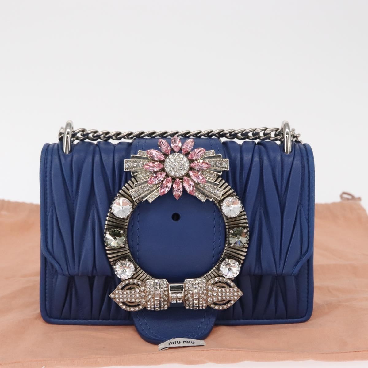 Miu Miu Madras Crystal Buckle Shoulder Bag Matelasse Leather, BLUE, LEATHER, Shoulder bag
