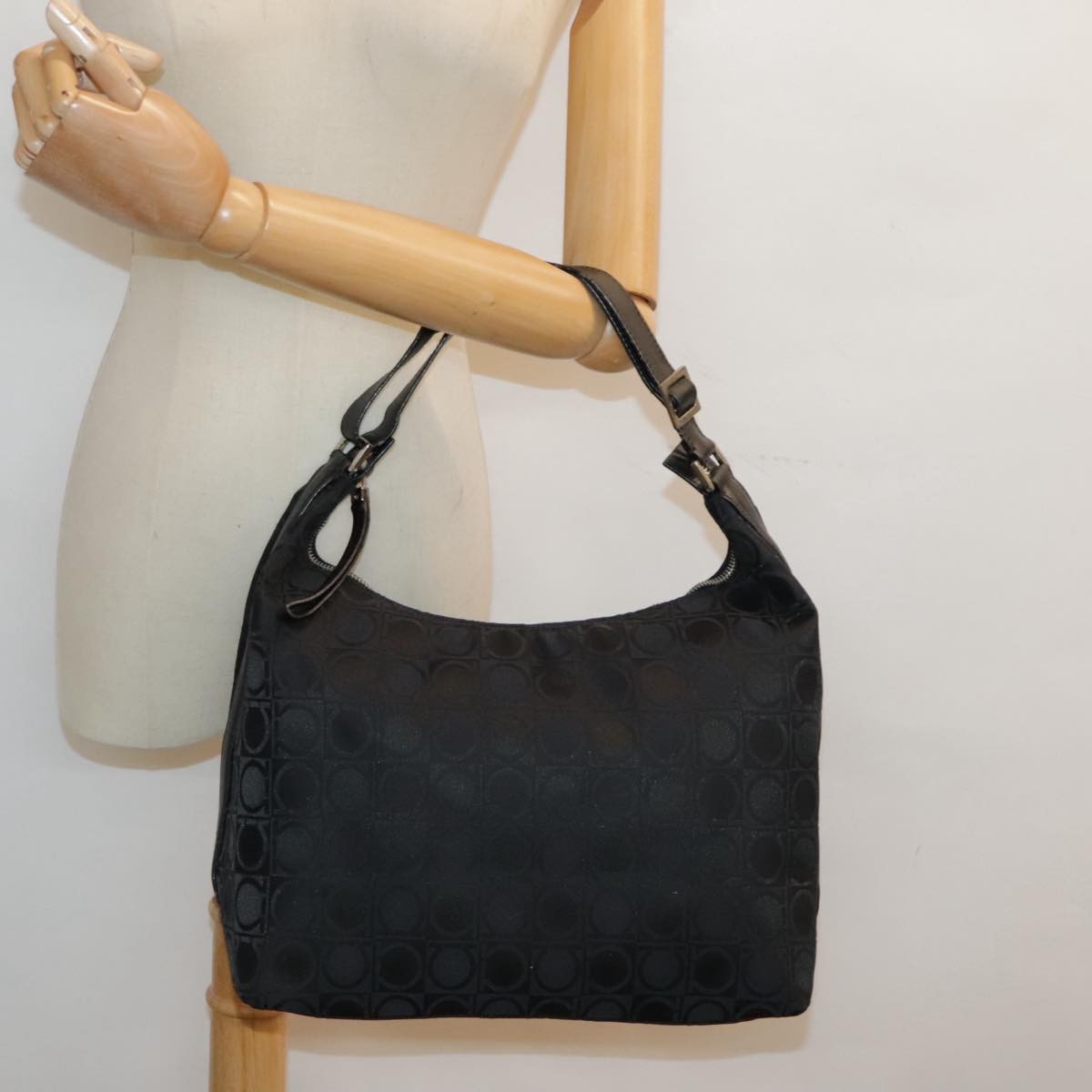 Salvatore Ferragamo Gancini Shoulder Bag Nylon, BLACK, NYLON, Shoulder bag
