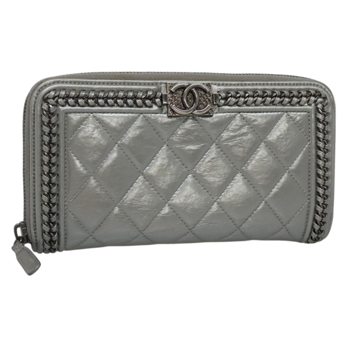 Chanel Boy Zip Jacket Wallet Quilted Calfskin, SILVER, LEATHER, Wallets