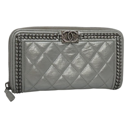 Chanel Boy Zip Jacket Wallet Quilted Calfskin, SILVER, LEATHER, Wallets