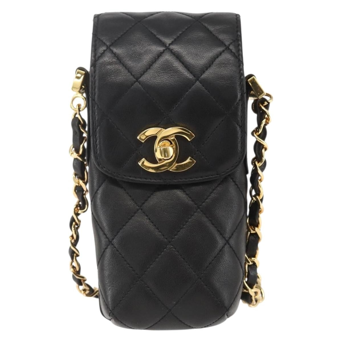 Chanel CC Flap Phone Holder Crossbody Bag Quilted Lambskin, BLACK, LEATHER, Shoulder bag