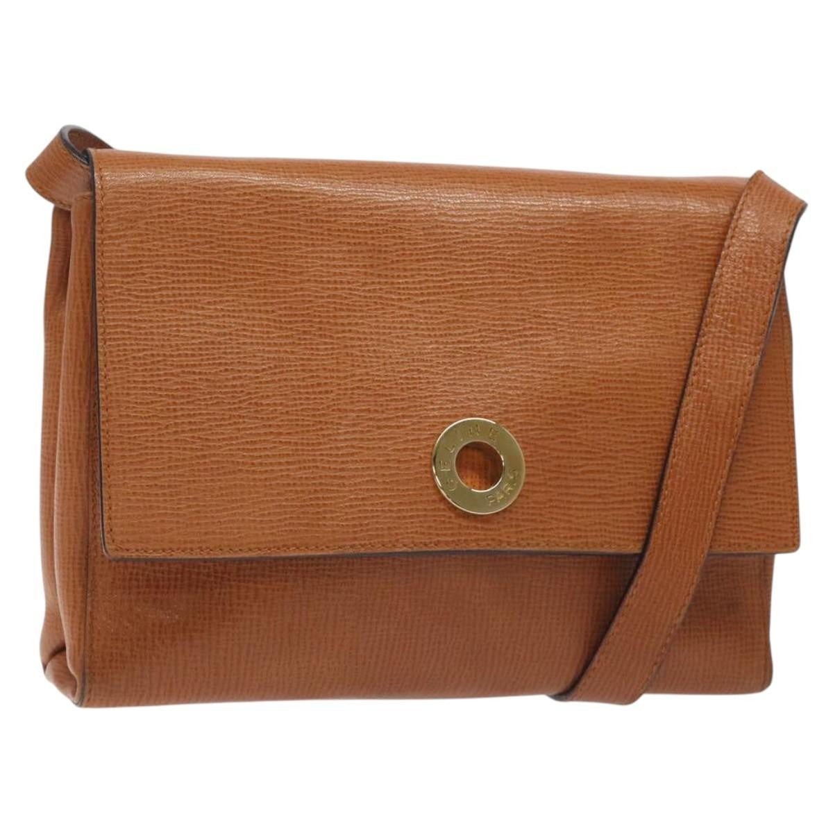 Celine Circle logo Leather, BROWN, LEATHER, Shoulder bag