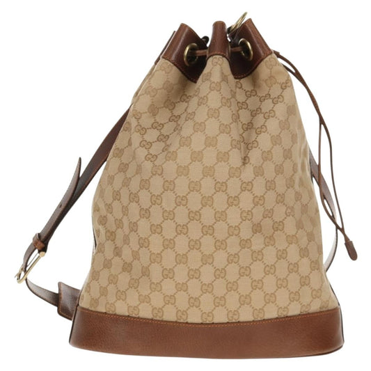 Gucci Drawstring Shoulder Bag GG Canvas with Leather, BEIGE, CANVAS, Shoulder bag