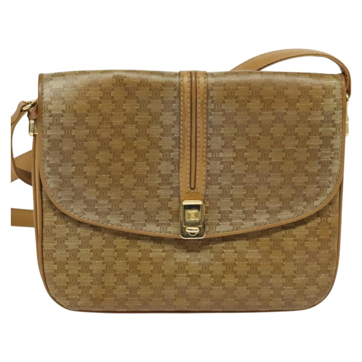Celine Vintage Macadam Shoulder Bag Canvas and Leather, Beige, Canvas, Shoulder Bag