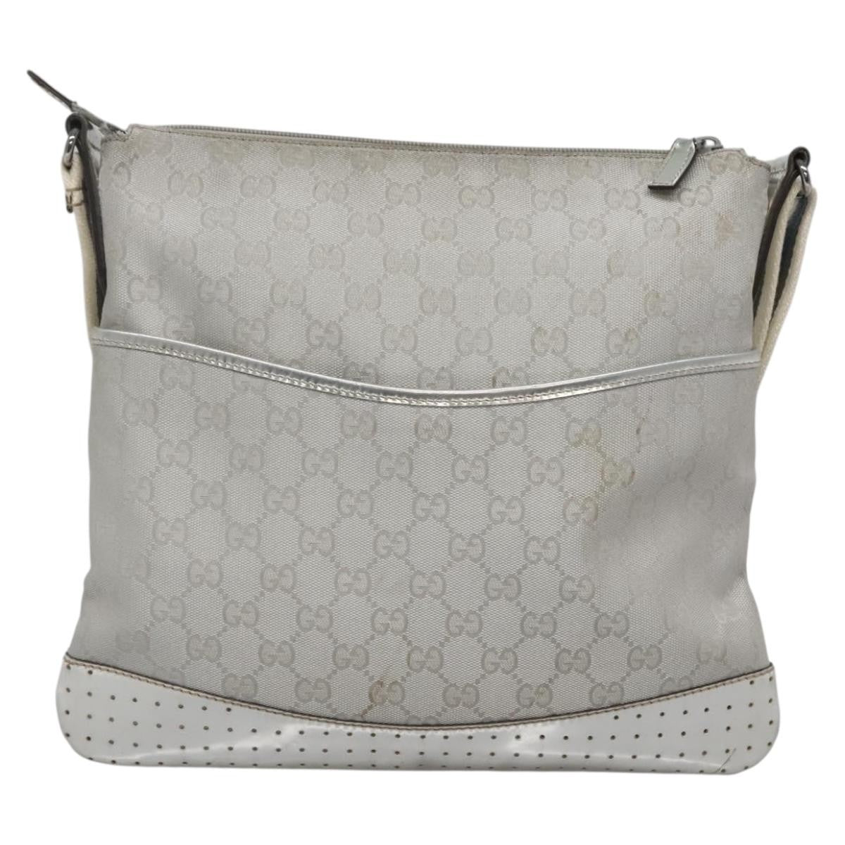 Gucci Zip Messenger Bag GG Canvas with Perforated Leather, SILVER, CANVAS, Shoulder bag