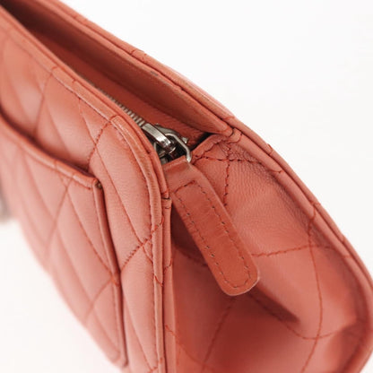 Chanel Classic Double Pocket Zip Pouch Quilted Lambskin, ORANGE, LEATHER, Clutche & pouche