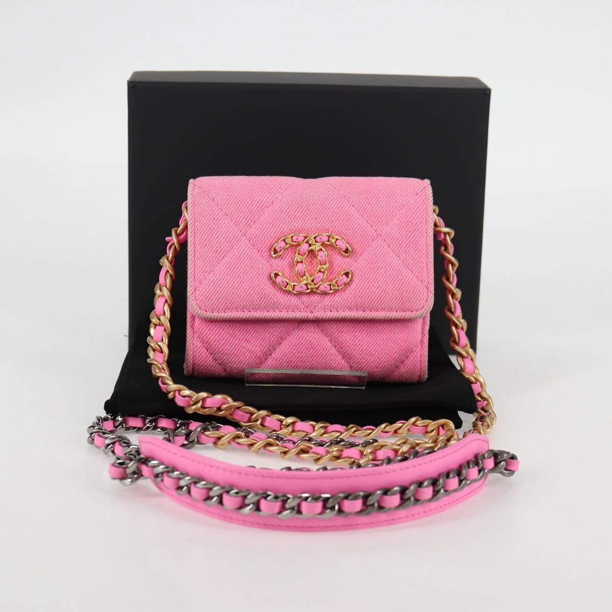 Chanel 19 Flap Coin Purse With Chain Quilted Denim, PINK, CANVAS, Wallets