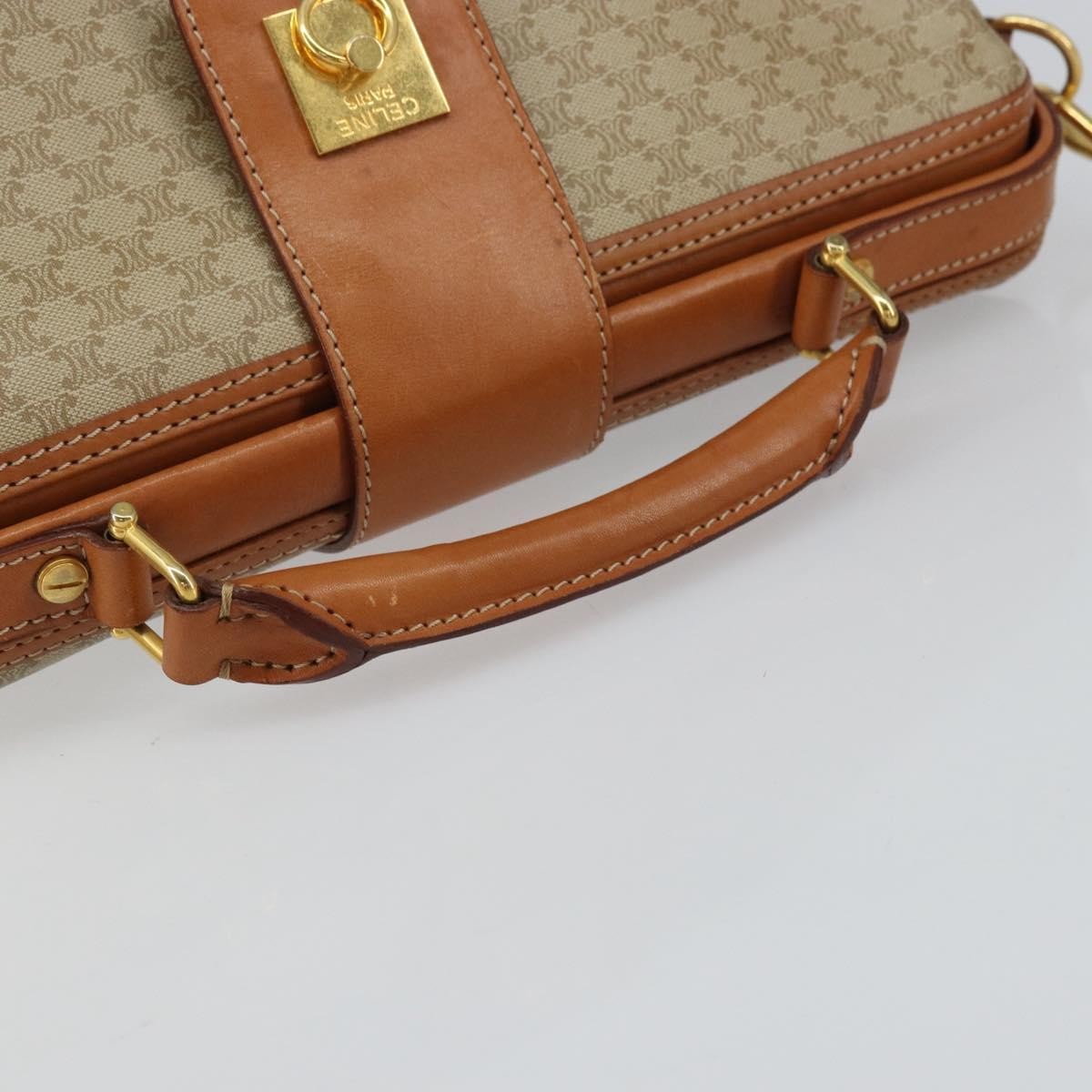 Celine Vintage Macadam Handbag Canvas and Leather, BEIGE, CANVAS, Handbag