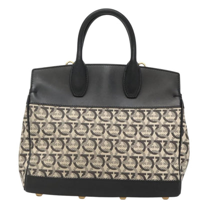 Salvatore Ferragamo Studio Satchel Gancini Jacquard and Leather, BLACK, CANVAS, Handbag