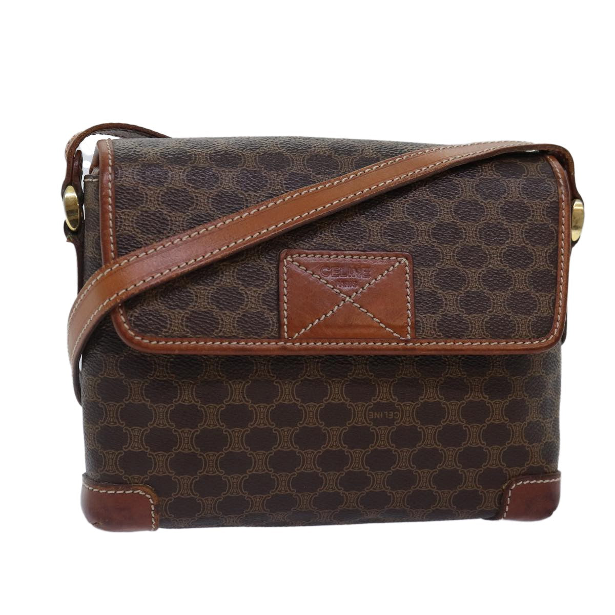 Celine Vintage Macadam Shoulder Bag Canvas and Leather, BROWN, CANVAS, Shoulder bag