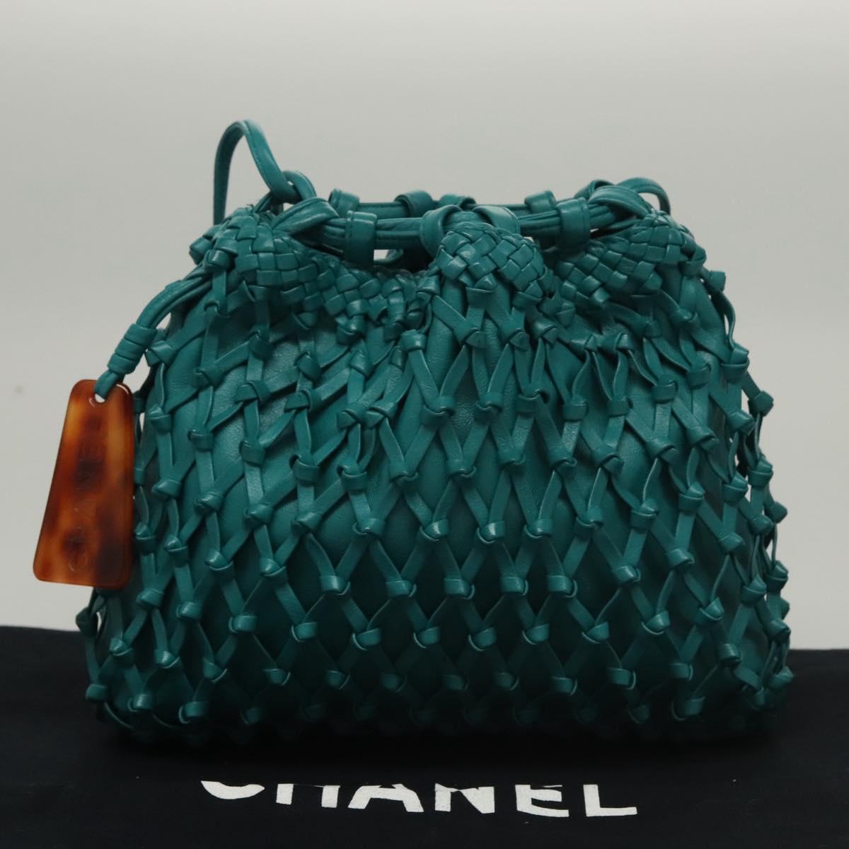 Chanel Vintage Resin Bucket Bag Woven Leather, TURQUOISE, LEATHER, Shoulder bag