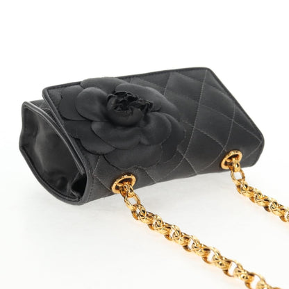 Chanel Vintage Camellia Flap Crossbody Bag Satin and Mesh, BLACK, SATIN, Shoulder bag