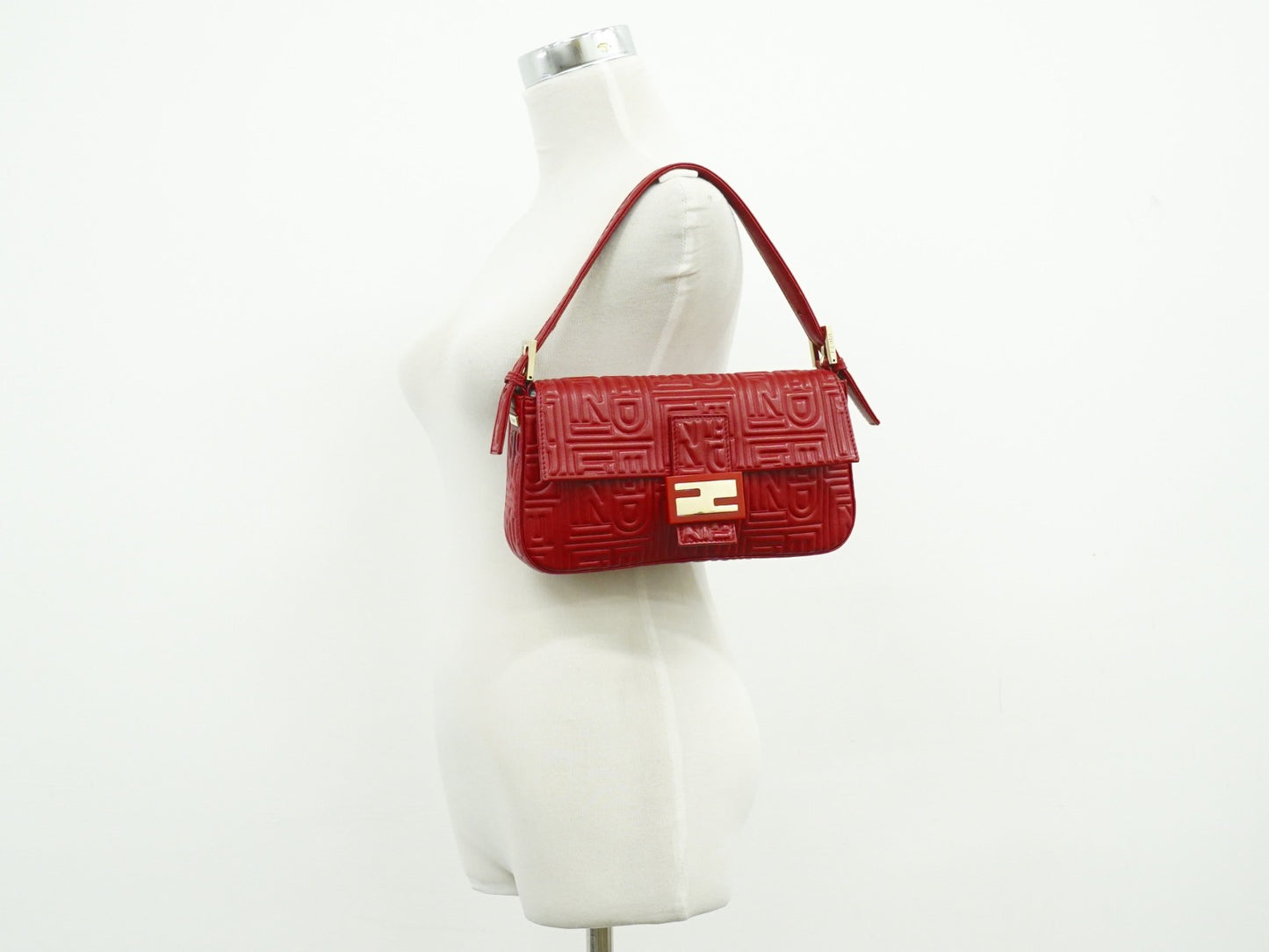 Fendi Mamma baguette Leather, Red, Leather, Handbag