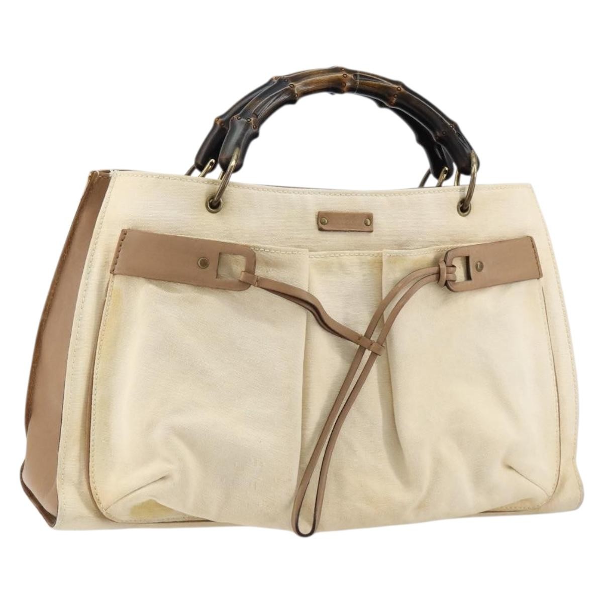 Gucci Bamboo Front Pocket Tote Canvas, ECRU, CANVAS, Tote bag