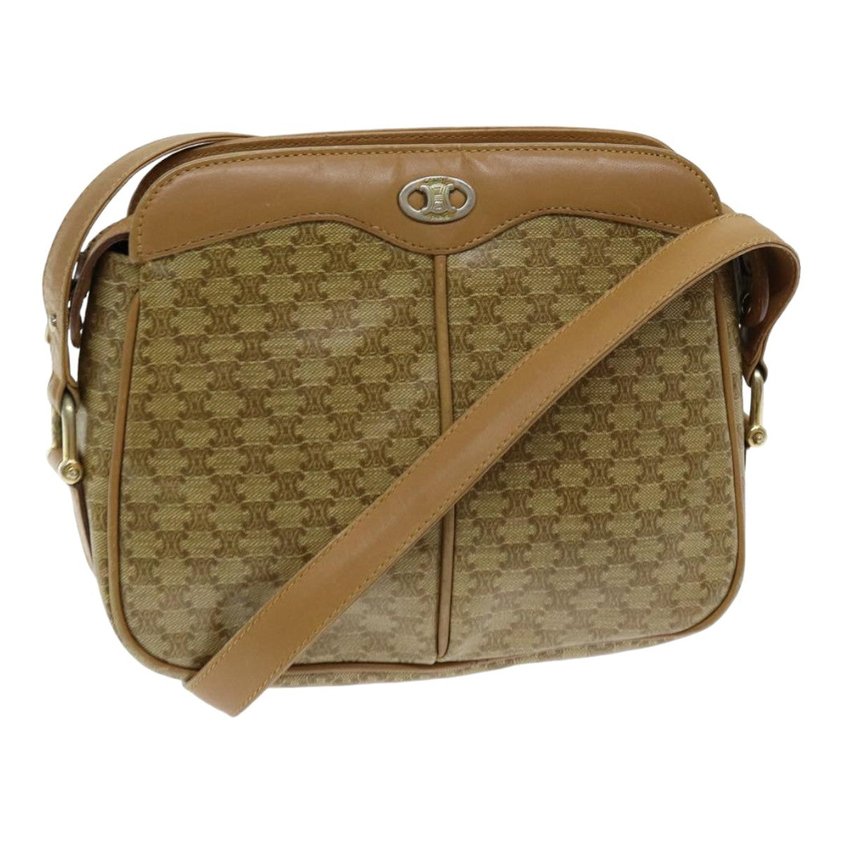Celine Vintage Macadam Shoulder Bag Canvas and Leather, Beige, Canvas, Shoulder Bag