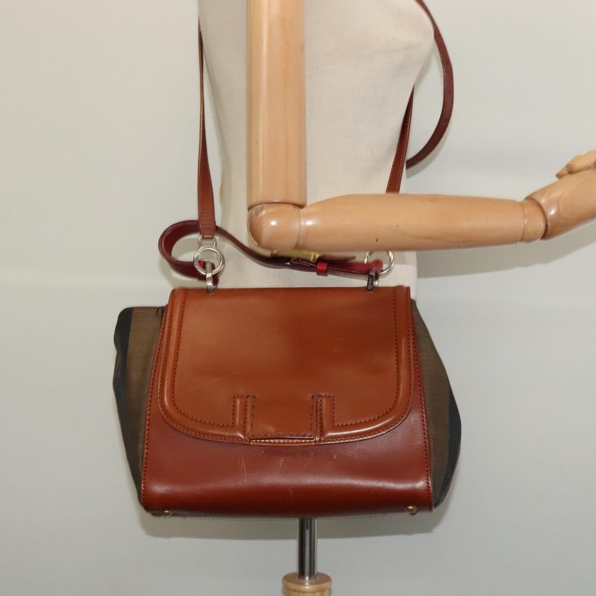 Fendi Silvana Bag Leather with Pequin Canvas, BROWN, LEATHER, Shoulder bag