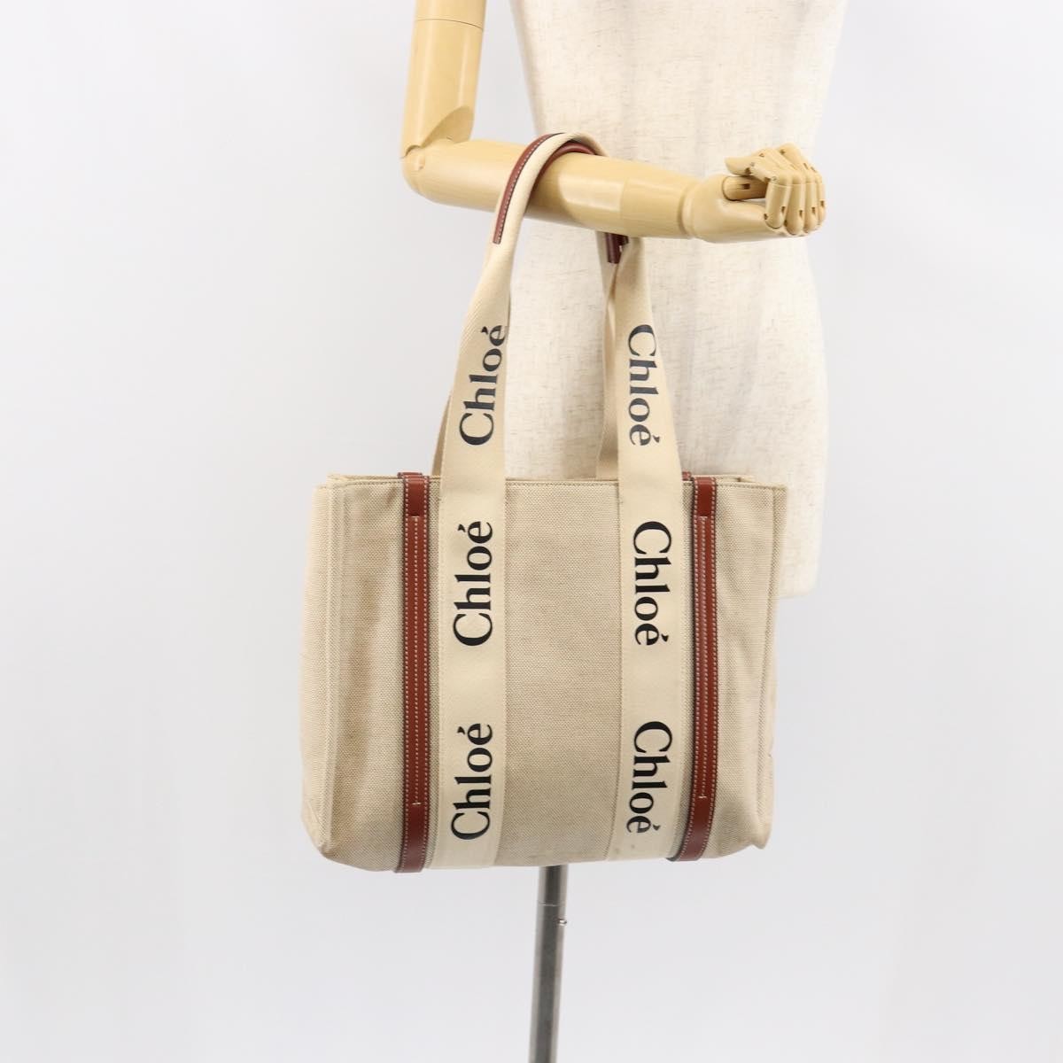 Chloe Woody Tote Canvas with Leather, BEIGE, CANVAS, Tote bag